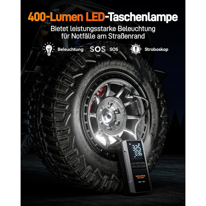WOLFBOX 4000A: Пускозарядний пристрій з компресором 160PSI, 12V, 65W, 88.8Wh для бензин/дизель, LED-ліхтар, кабелі