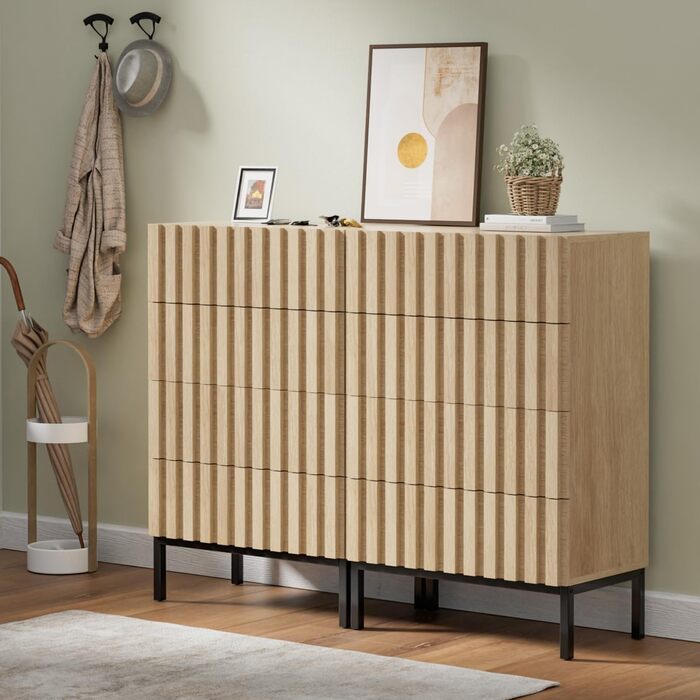 Комод UEV з 4 висувними ящиками, комплект 2 шт, 120x34,5x92 см, вузький дерев'яний комод для зберігання вітальня, спальня, передпокій (натуральний)