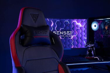 Ігрове крісло SENSE7 Sentinel, ергономічний геймерський стілець з регульованою поперековою підтримкою, нахилом спинки, механізмом гойдання, PU-шкіра, до 150 кг, чорний-синій