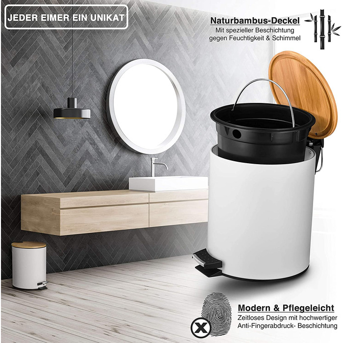 Косметичний відро для сміття VMbathrooms 5 л, білий, з бамбуковою кришкою, педаллю та Soft Close, для ванної кімнати
