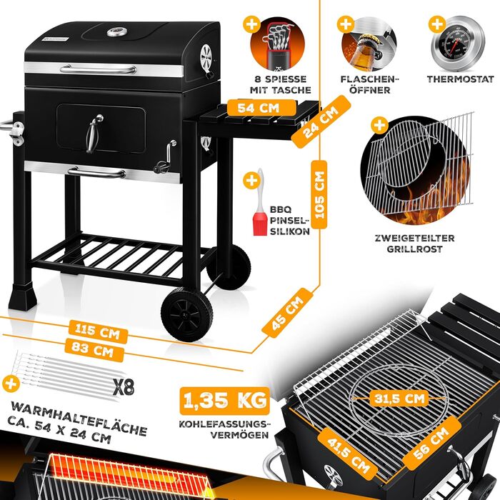 Гриль KESSER® Grillwagen BBQ Smoker XL з коліщатками, термометром та аксесуарами. Чорний котел для барбекю з нержавіючої сталі, решітка та 8 шампурів