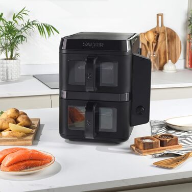 Аерофритюрниця Salter VertiCook View 9L: двокамерна з вертикальним дизайном, 12 програм Sync & Match, 4 рівні приготування, без PFAS, чорна