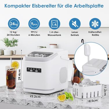 Льодогенератор побутовий Eiswürfelmaschine 12 кг/24год, 2 розміри льоду, самоочищення, білий