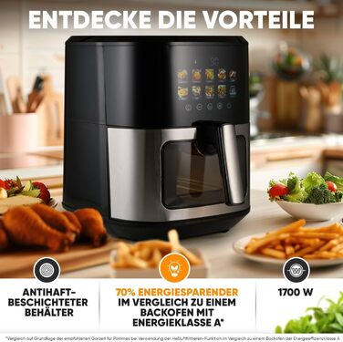 Аерофритюрниця ProfiCook 6,5 л з кольоровим дисплеєм, 9 програм, 1700 Вт, без олії, нержавіюча сталь, модель 2024