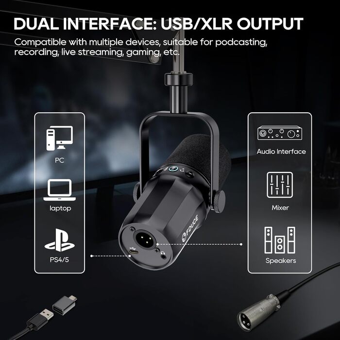 Динамічний мікрофон FDUCE SL40+ для подкастів, USB/XLR, набір для геймінгу та стримінгу з кронштейном, вихід для навушників, кнопка вимкнення звуку, регулятор гучності