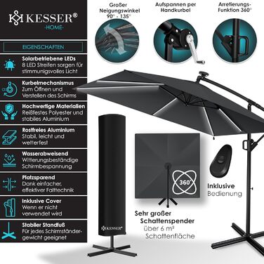 Сонячна прямокутна парасоля KESSER Holly з LED-підсвіткою, алюмінієва, з чохлом та вітрозахистом, антрацит, 350 см, водостійка, для саду, з ручкою-кривошипом, UV-захист