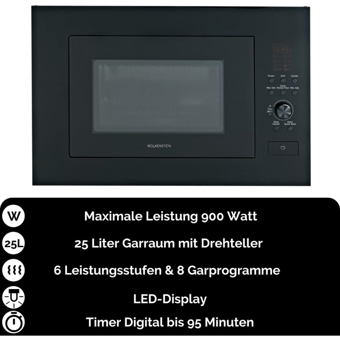 Вбудована мікрохвильова піч WOLKENSTEIN WMW900-25GB EB, 900 Вт, 25 л, 6 режимів, 8 програм, розморожування, LED-дисплей, чорна