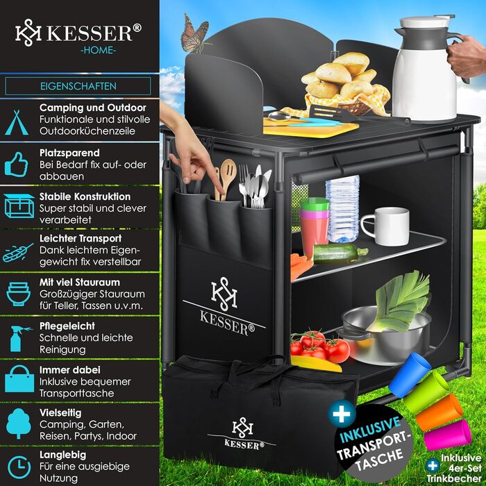 Кемпінгова кухня KESSER® | З сумкою та набором посуду | Складаний шафка для кемпінгу | Алюмінієвий каркас | Похідна кухня | Кухонна коробка | Шафка для намету | Чорний/Чорний (Тип F2, Чорний / Чорний)