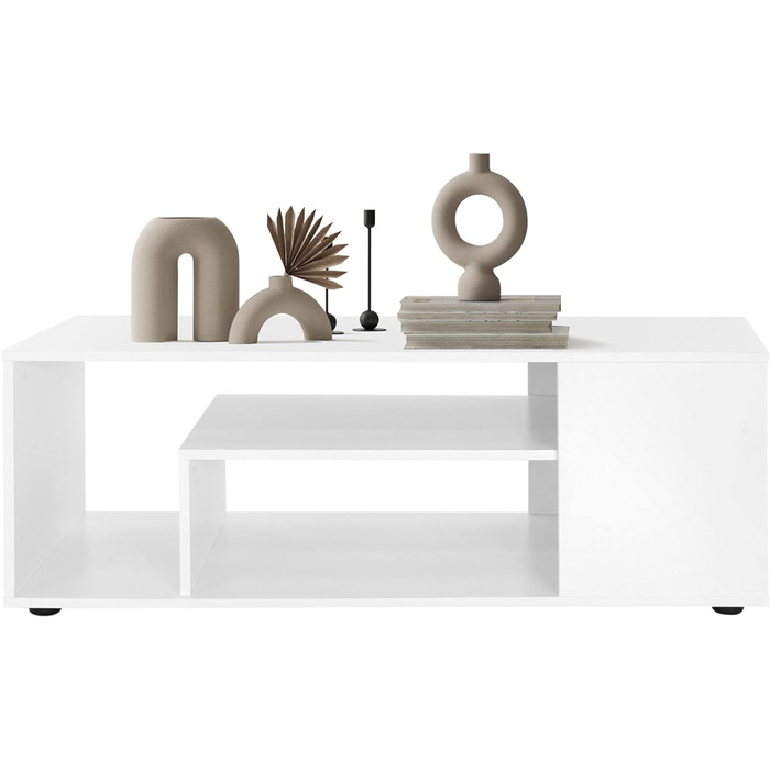 Стіл журнальний ML-Design білий глянець 100x42x60 см, з полицею зі скла та 4 бічними відділеннями, сучасний стіл для вітальні з місцем для зберігання, дерев'яний кофейний стіл