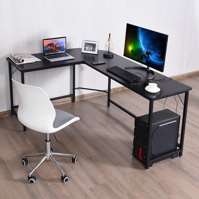 Кутовий комп'ютерний стіл COSTWAY L-подібний, дуб натуральний, 168x125x74 см, з підставкою для системного блоку, для домашнього офісу та геймінгу