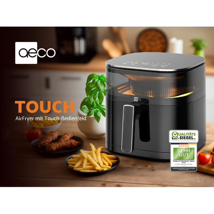 Аерофритюрниця aeco TOUCH 5,7 л з підсвіченим оглядовим вікном 270°, цифровим сенсорним дисплеєм, 1700 Вт, регулювання температури 80–200°C, 8 програм, з рецептурником