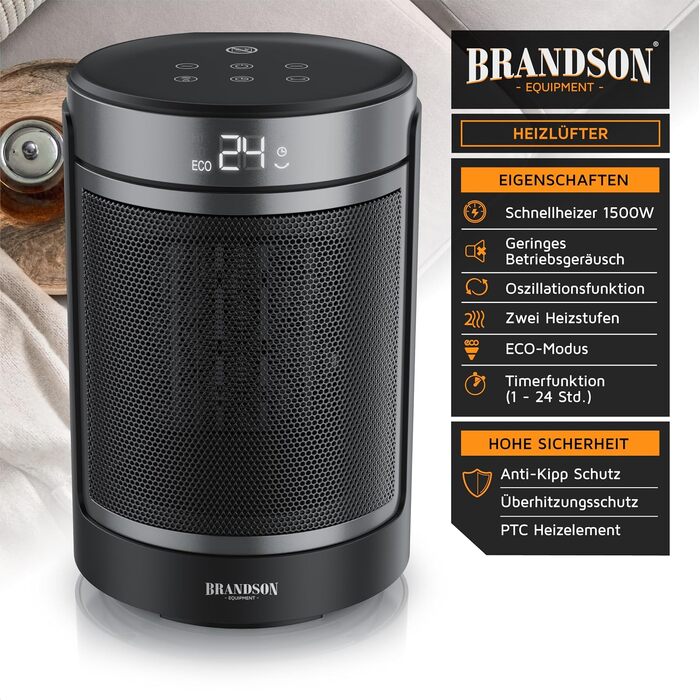 Тепловий обігрівач Brandson ECO Design з дистанційним керуванням, ECO-режимом та осциляцією, 2 рівні потужності, захист від перегріву та перекидання, колір Cool Grey