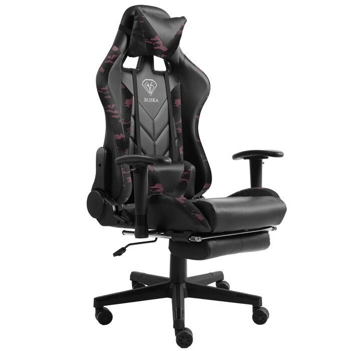 Ігрове крісло Gaming Chair з підставкою для ніг, ергономічними 4D-підлокітниками та регульованою підтримкою спини, офісне крісло для геймерів, колір: Чорний/Мілітарі-Рожевий
