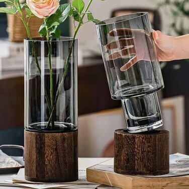 Скляна ваза-циліндр Blumenvase, сучасна, ручної роботи, прозора, з дерев'яною основою, для квітів і рослин, декор для дому та офісу, подарунок на весілля чи новосілля, 31 см, сіра