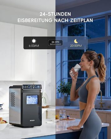 Компактний льодогенератор ecozy з кольоровим дисплеєм та таймером на 24 години, 12 кг льоду/добу, 2 розміри кубиків, функція самоочищення, чорний