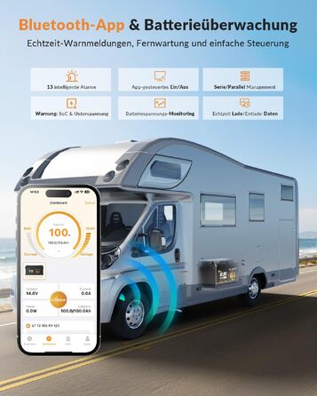 LiFePO4 акумулятор 12V 100Ah H190 з Bluetooth 5.4 для кемперів та житлових будинків на колесах, сертифікація ECE R10