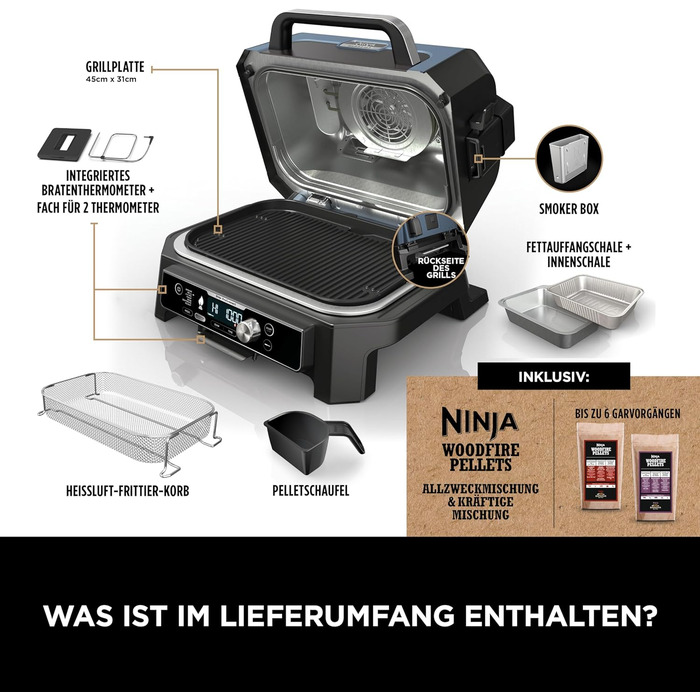 Електричний BBQ смокер-гриль Ninja Woodfire Pro Connect XL з керуванням через додаток, цифровим термощупом, 7-в-1, аерофритюрницею, для вулиці, чорний, OG901EU, з деревними пелетами, захист від негоди