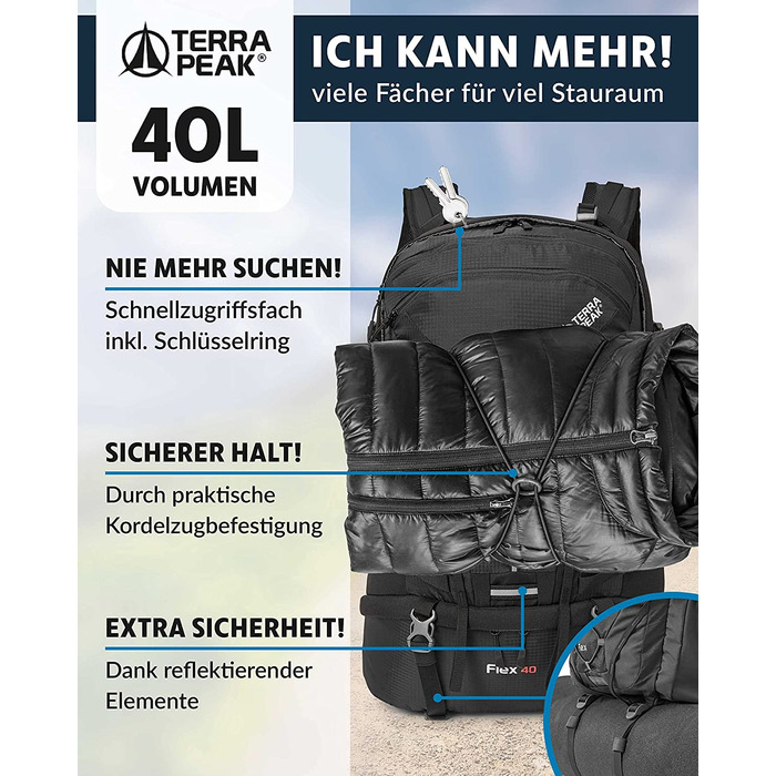 Туристичний рюкзак Terra Peak Flex 40L чорний, з вентиляцією спини, регочохлом і кріпленням для питної системи, 3D Air Mesh, для походів, з поясом, преміум-якість