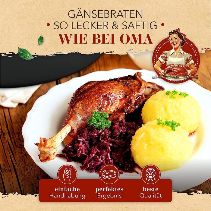 Гусятниця KRUSTENZAUBER 38 см з кришкою, чавун, для духовки, індукції, 9 кг, з ножицями для птиці – великий жаровий казан, жаровня, чавунна сковорода