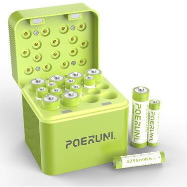 Набір акумуляторів POERUNI 1.5V Ni-MH з зарядним пристроєм USB-C: 8 шт. AA та 8 шт. AAA, перезарядні батарейки високої ємності (Зелений)