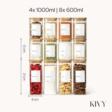 Набір скляних герметичних контейнерів для зберігання продуктів KIVY з бамбуковими кришками та етикетками, прямокутні, 12 шт.