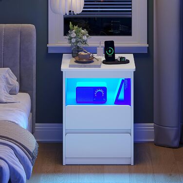 Комплект з 2 приліжкових тумб Brinlawb з LED-підсвіткою та зарядкою, чорний, з 2 шухлядами для спальні та вітальні