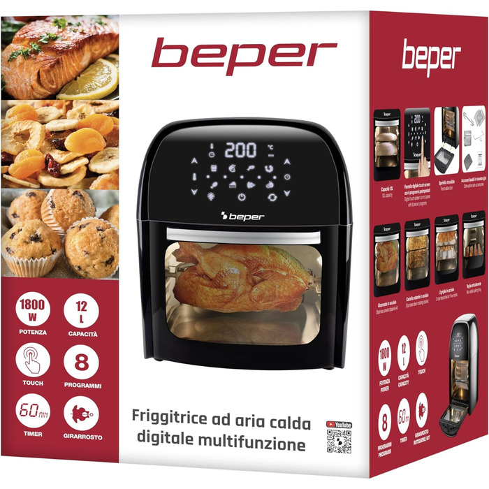 Аерофритюрниця BEPER P101FRI012 цифрова, 12 л, 1800 Вт, гриль, тостер, сушарка, 8 програм, сенсорна панель, аксесуари, чорна