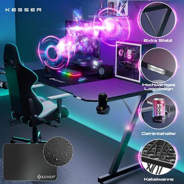 Ігровий стіл KESSER 100x60 см, Z-подібний, карбон, гачок для навушників, підсклянник, ергономічний комп'ютерний стіл, чорний