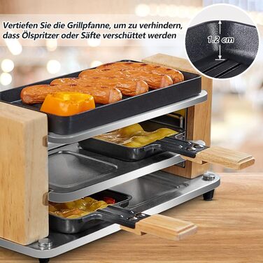 Расетіль Raclette Grill з антипригарною решіткою (2 особи) 550W, 4 пательні та дерев'яний шпатель