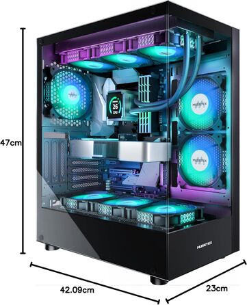 MUSETEX ATX корпус для ПК з 6 ARGB вентиляторами, геймерський корпус із подвійним панорамним склом, Type-C, чорний, середній Tower