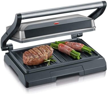 Компактний контактний гриль-сендвічниця SEVERIN KG 2394 Multigrill для паніні та стейків, антипригарне покриття, 800 Вт, металік/чорний