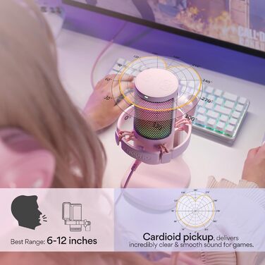 MAONO Ігровий конденсаторний мікрофон для ПК, шумозаглушення, USB, для стрімінгу, подкастів, студії, з RGB підсвічуванням, для PS5/PS4/Mac, сенсорна кнопка вимкнення, регулятор гучності, рожевий