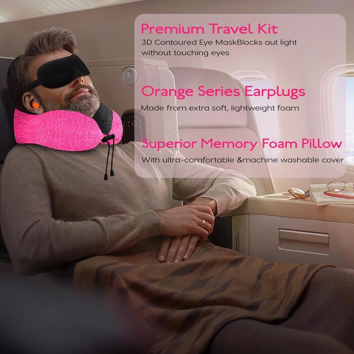 Подушка для подорожей під шию з ефектом пам'яті (Memory Foam) з 3D-маскою для сну та берушами, рожева — ідеальна для літака, авто та офісу