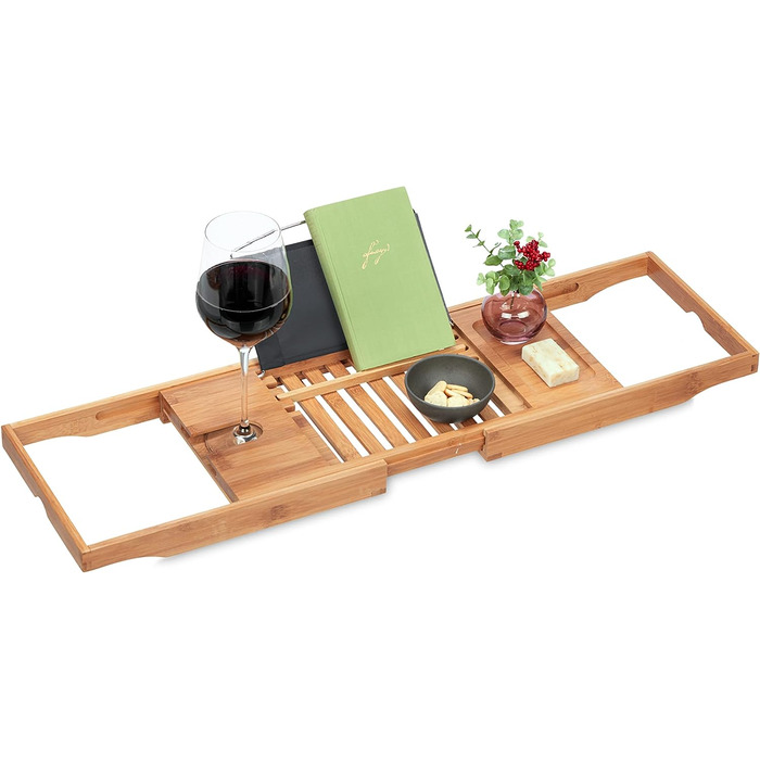 Полиця для ванни Relaxdays, бамбук, розсувна 70-105 см, з підставкою для книги і тримачем для келиха, натуральний/чорний