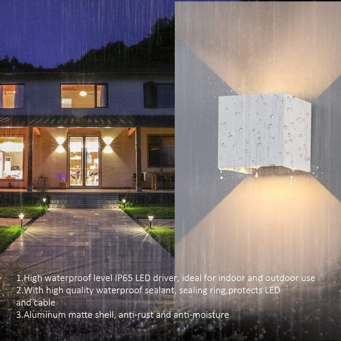 Комплект 2 світильників Klighten LED 12Вт для стін внутрішніх і зовнішніх, регульований світловий промінь, тепле біле світло 3000K, IP65, водонепроникні (білий колір)