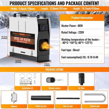 Автономний дизельний обігрівач VELPAX All in One 8кВт, 12/24/220В з Bluetooth, App та LCD-дисплеєм для авто, вантажівок, кемперів та човнів (білий)