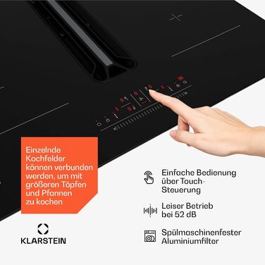 Індукційна варильна панель з витяжкою Klarstein AirJet 60, 60 см, потужність 600 м³/год, Flex-зони, Boost 10000 Вт, сенсорне керування, клас A+, нержавіюча сталь та скло, чорний