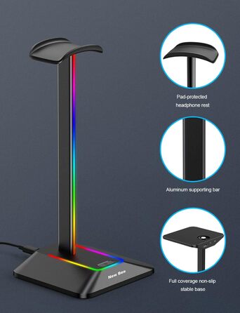 Підставка для навушників New Bee з RGB підсвіткою, USB Type-C зарядкою та передачею даних, універсальний тримач для геймерських навушників, чорний