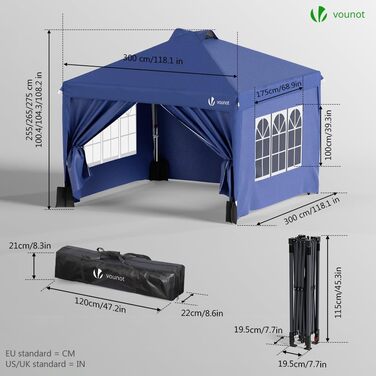 Павільйон садовий Vounot 3x3м, водонепроникний, з бічними стінками та пісочними мішками, швидкозбірний, сірий