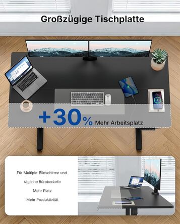 Регульований стіл HUANUO 160x80 см з USB-C/USB-A зарядкою, чорний. Висота 72-118 см, 4 режими пам'яті, кабель-менеджмент