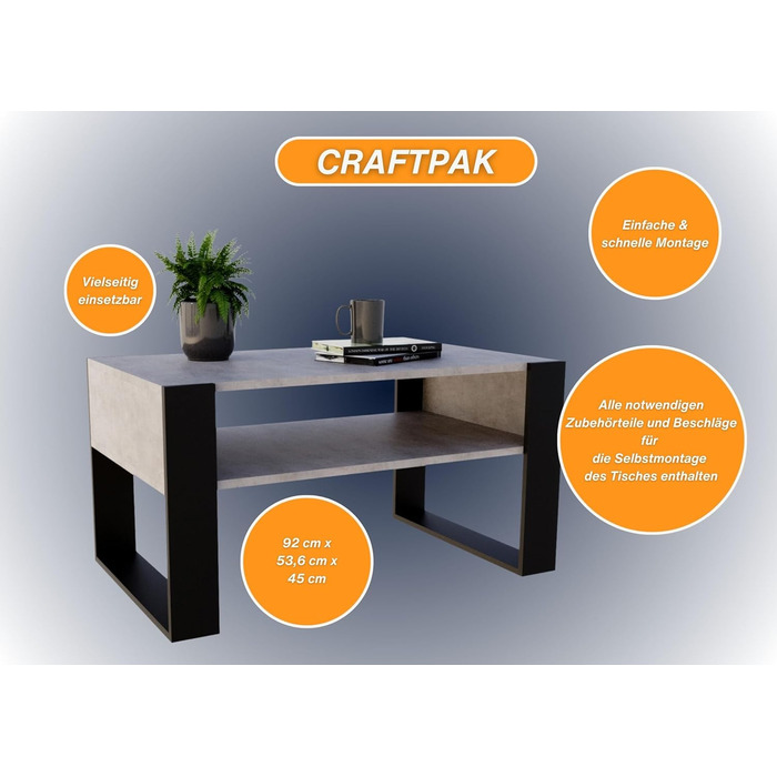 Стіл для вітальні CraftPAK з ДСП, сучасний журнальний столик з додатковою полицею, чорний бетон