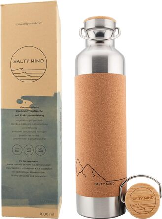 Salty Mind термос-пляшка з нержавіючої сталі 1 л, ізольована, герметична, BPA Free, з корковою кришкою та ручкою для води, для спорту, офісу, походів, екологічна