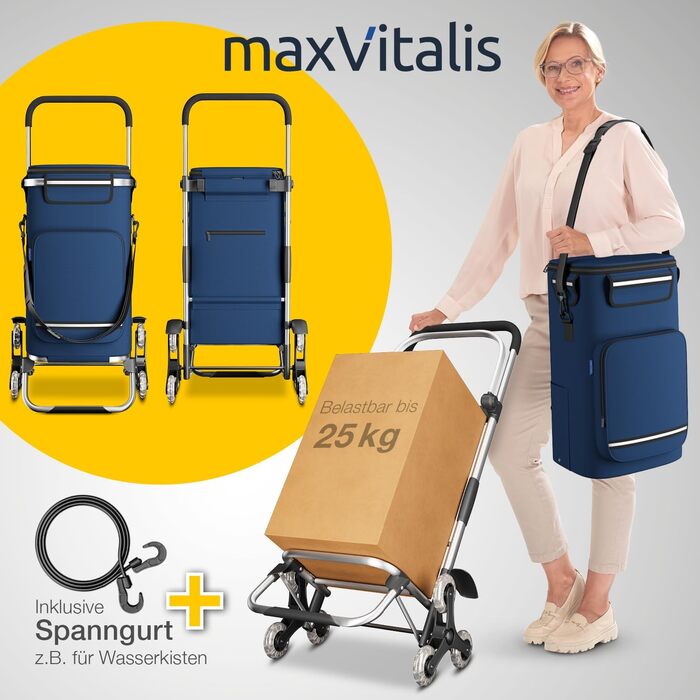 Сходовий візок для покупок maxVitalis з ізотермічним відділенням, складаний, регульований, з рефлекторами, знімна сумка 43 л, колір синій