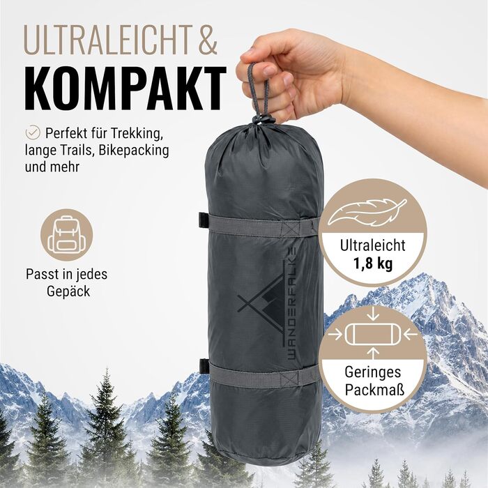 Ультралегкий намет для трекінгу та кемпінгу WANDERFALKE Trail на 1-2 особи, водонепроникний 4000мм, компактний намет для байкпакінгу та подорожей (Polar Blue, TRAIL 1)