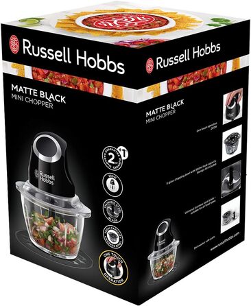 Подрібнювач овочів та фруктів Russell Hobbs Zerkleinerer Mini електричний (500 мл, чорний). Подрібнювач для м'яса, мультиподрібнювач з скляною ємністю та кришкою для зберігання