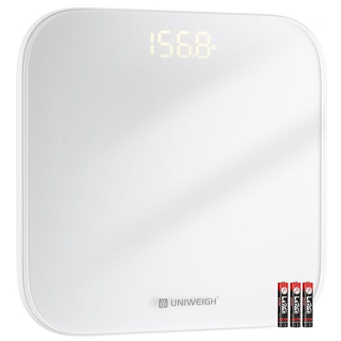 UNIWEIGH цифрова вага для тіла, високоточна до 180 кг, скляна платформа, LED-дисплей, Step-on, 3 одиниці виміру, батарейки в комплекті, біла