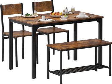 Обідній гарнітур sogesfurniture 4 предмети: стіл 110×70×76 см, 2 стільці, лавка, металевий каркас, прямокутний кухонний стіл з полицею для вітальні, їдальні, вінтажний коричневий