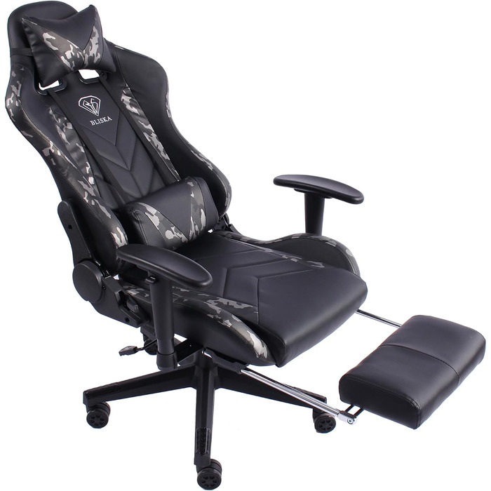 Ігрове крісло Gaming Chair з підніжкою, ергономічними 4D-підлокітниками та регульованою підтримкою спини, офісне крісло для геймерів (Чорний/Мілітарі-сірий)