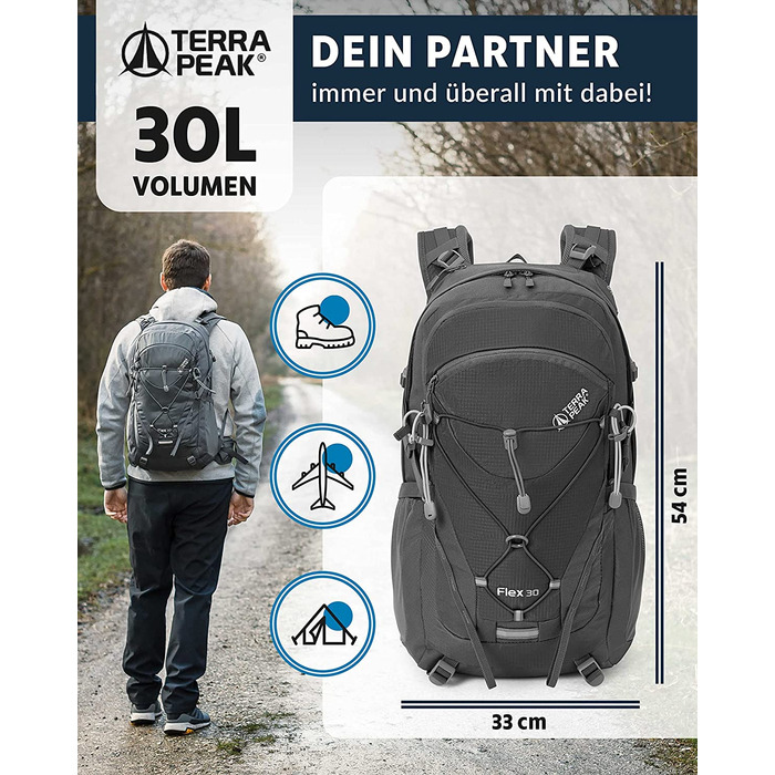 Туристичний рюкзак Terra Peak Flex 30L з вентиляцією спини, регочохлом і тримачем для питної системи – середній трекінговий рюкзак із 3D Air Mesh для походів, з поясним ременем