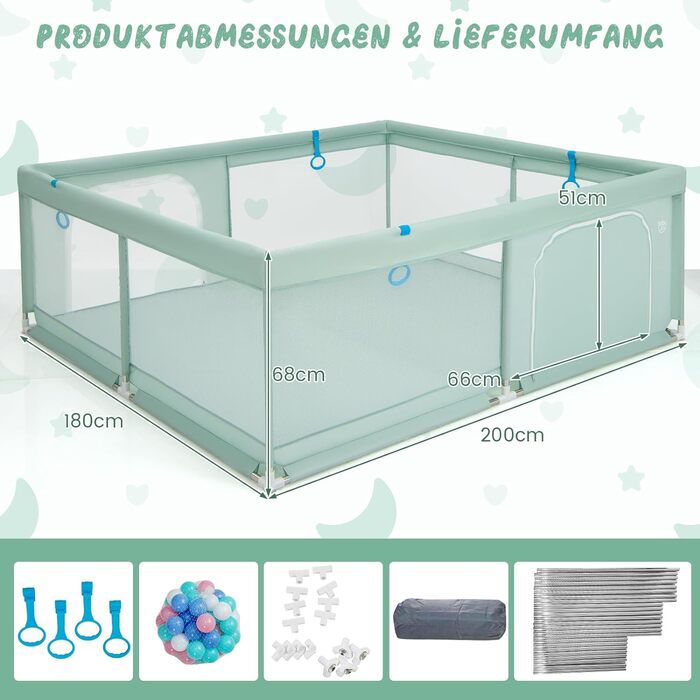 Дитячий манеж DREAMADE 200x180 см з 50 м'ячиками та 4 ручками, складаний, з дихаючим мережем, для дітей 0-36 місяців (зелений)